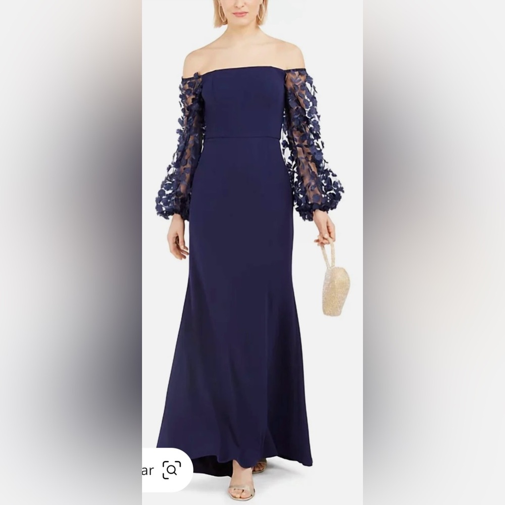 Eliza J • NWT • Elegant Navy Blue Dress with Floral Appliqué Sleeves